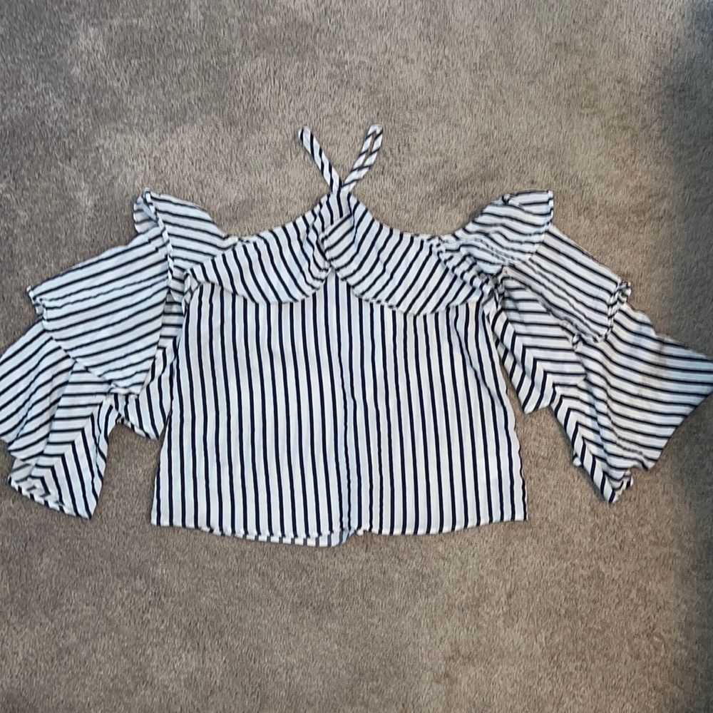 Off the shoulder blue and white striped top
